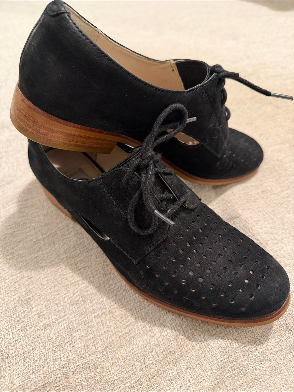 Clarks Black Perforated Lace-Up Boots with Tan Wood Heel